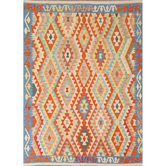 Reversible Geometric Kilim Area Rug Flat-weave Multi-Color Wool Carpet - 4'11" x 6'7"