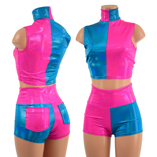 Color Blocked Neon Pink & Peacock Blue Holographic High Waist Pocket Shorts Turtleneck Crop Top Emk1579230