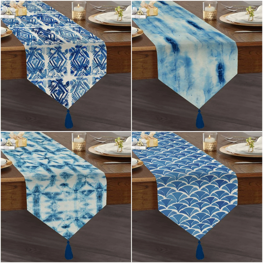 Bluish Table Runner|High Quality Triangle Dining Runner|Decorative Geometric Tabletop|Blue White Runner|Authentic Tasseled Runner