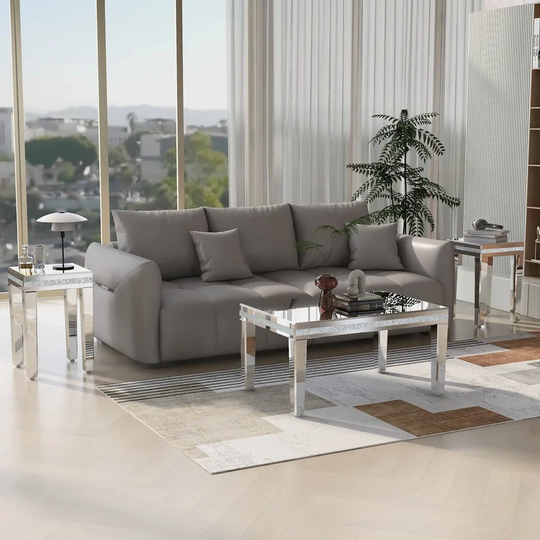 Fashionable 3-Piece Living Room Set with Glass Mirrored Coffee Table and 2 End Tables for Apartment Home Office