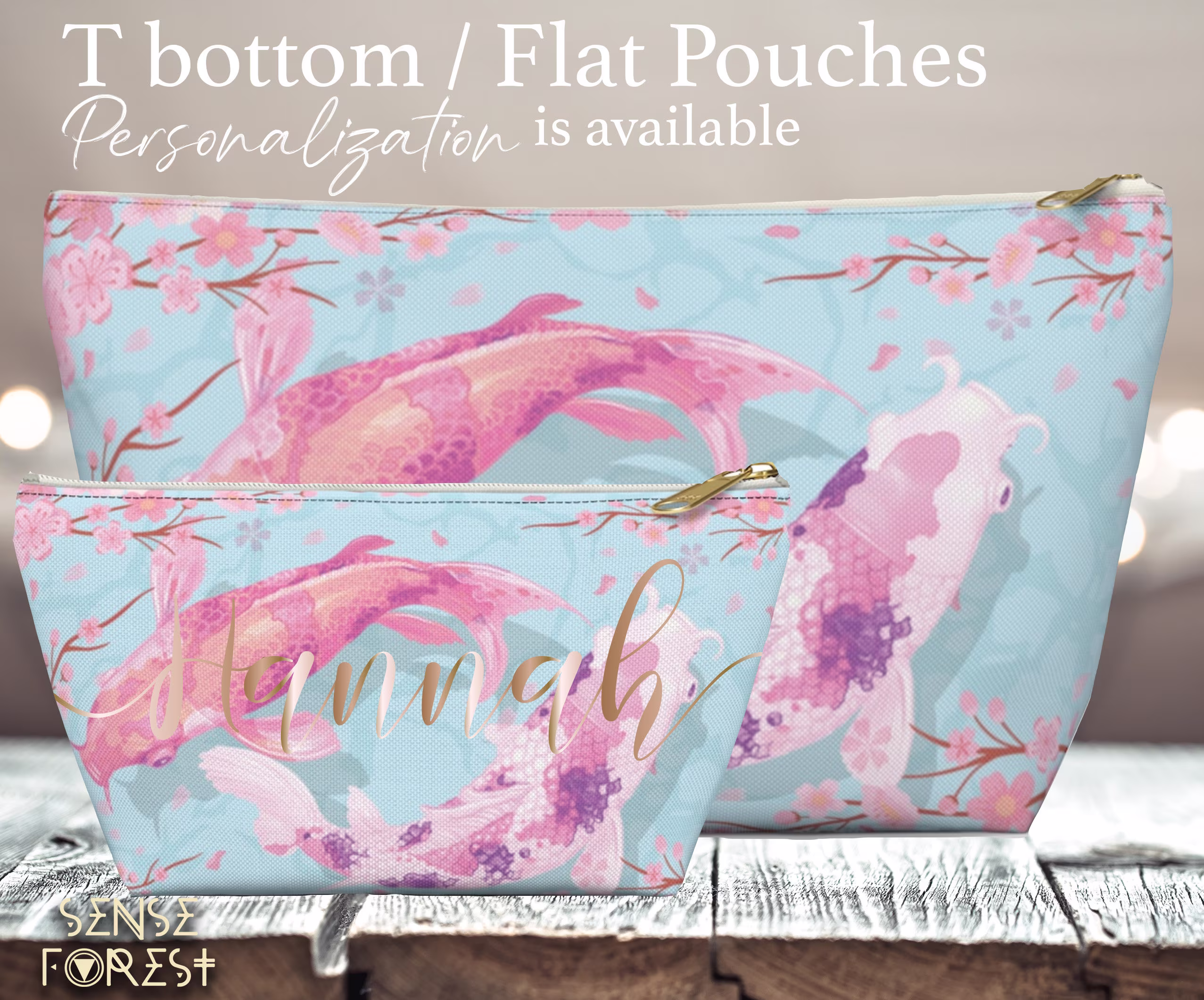 Kawaii Mint Koi Fish Accessory Planner T Bottom Pouch, Cute Travel Makeup Pouch, Large Pencil Case, Bridesmaids Gift Personalized Pouch