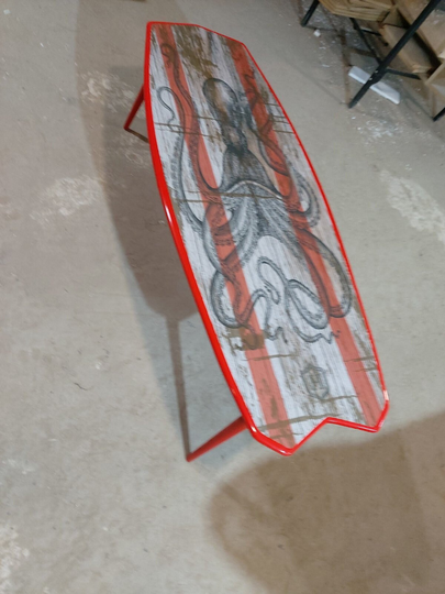 Low Coffee Table in White & Red With Octopus Print Handcrafted Asymmetric Wooden Patio Stylized As Vintage Driftwood Surfing Board