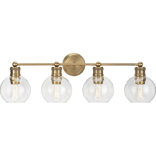 Hansford Collection Four-Light Vintage Brass Clear Glass Farmhouse Bath Vanity Light - 33.5 in x 7.25 in x 10.87 in
