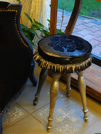 Turkish Black Rose Fabric Wooden Leg Decorative Pouffe-Ottoman Chair-Turkish Pouffe-Moraccan Pouf-Ethnic Furniture-Vintage Pouff