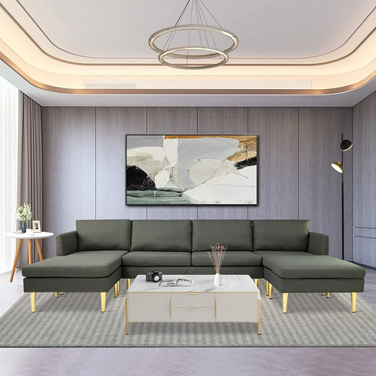U-Shaped Convertible Sectional Sofa w/Chaise Longue & Movable Ottoman, Modern Upholstered Couch w/Metal Legs for Living Room