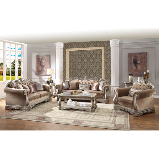 Luxurious Velvet Upholstered Sofa with Artistic Polyresin Carvings, Brown and Silver