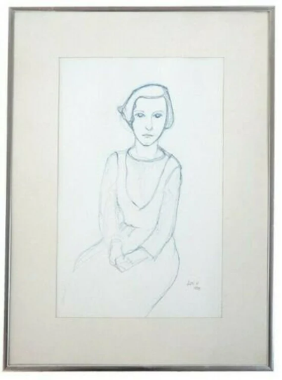 1935 Sacha Kolin Blue Pencil Sketch Of Woman. Signed, Dated, Framed