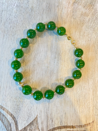 Green Jade Bracelet With Diamond Roundel & 14K Gold Beads Strung On 14K Chain - Represents Strength, Luck, Good Health