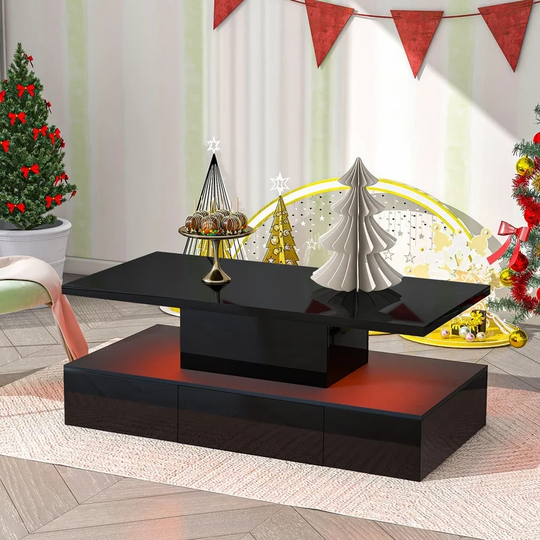 Modern Glossy Coffee Table With Drawer, 2-Tier Rectangle Center Table with Plug-in 16 colors LED Lighting