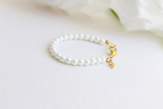 Pearl Baptism Bracelet With Gold Cross, Keepsake Gift For Child, Communion, Dedication, Small Pearls
