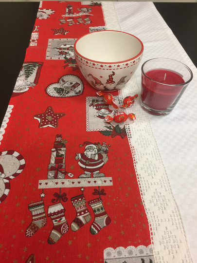 Christmas Table Runner Red White Lace 55 Inches Cotton Fabric Holiday Linen