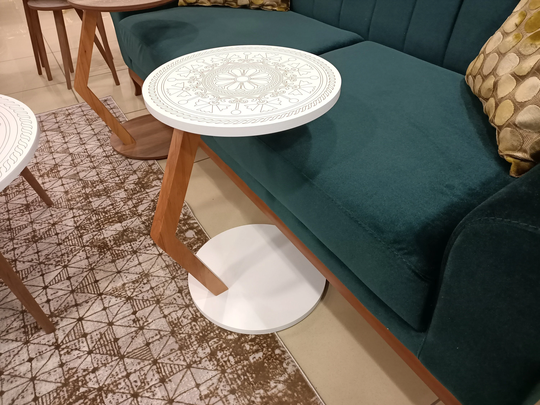 Mandala Design C Shape Couch Table, White/Walnut Round Computer Wooden Modern Sofa Side End For Daybed Coffee Table