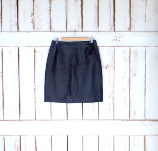 Vintage Black Leather Fitted High Waisted Knee Length Skirt/Leather Pencil Skirt/Black Midi Skirt/10