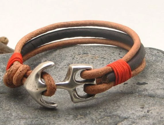 Christmas Gift For Boyfriend, Mens Leather Bracelet. Natural & Brown Bracelet With Silver Plated Anchor Clasp. Anchor