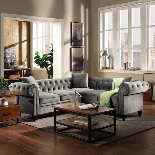 Deep Tufted Velvet Upholstered L Shaped Sectional Sofa 3 Pillows