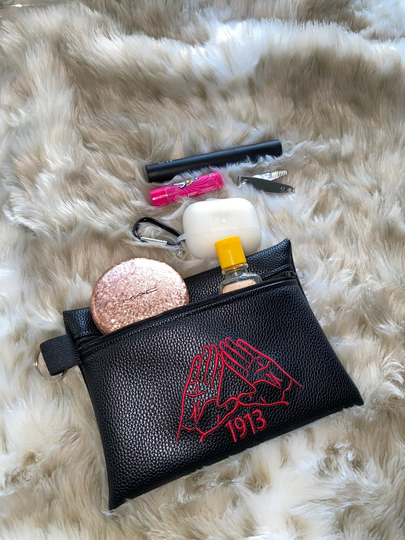 Clearance Item Embroidered Zipper Bag | Faux Leather Make Up Cosmetic Case Pencil Holder Lippie Black Pouch