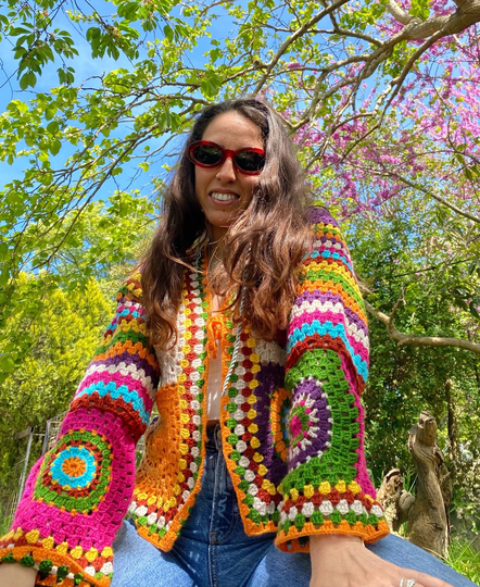 Colorful Boho Cardigan | Crochet Jacket Yarn Rainbow Handknit Coat Patchwork Colors