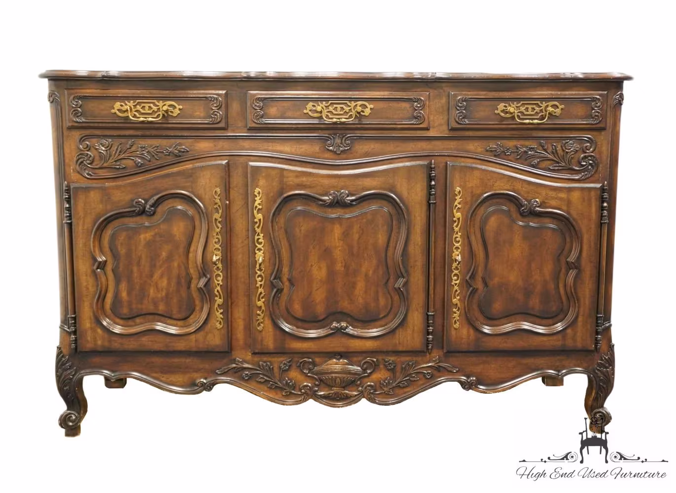 Vintage Antique Walnut Louis Xvi French Provincial 69" Carved Sideboard Buffet W. Parquet Top