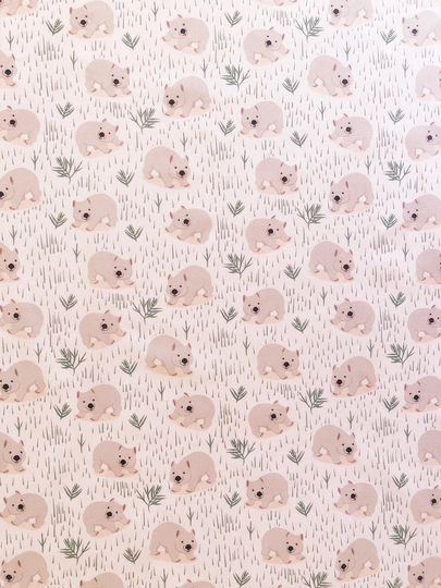 Aussie Nursery Wombats in The Grassland Light Apricot Quilting Cotton Fabric By 1/4, 1/2 Yard Or Fat Quarter, Wombat & Gum Leaves