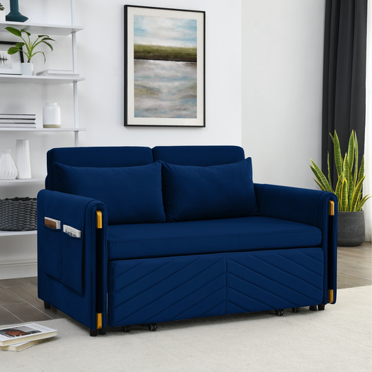 54" Modern Convertible Sofa Bed with 2 Detachable Arm Pockets, Velvet Adjustable Loveseat Sofa with Pull Out Bed, 2 Pillows