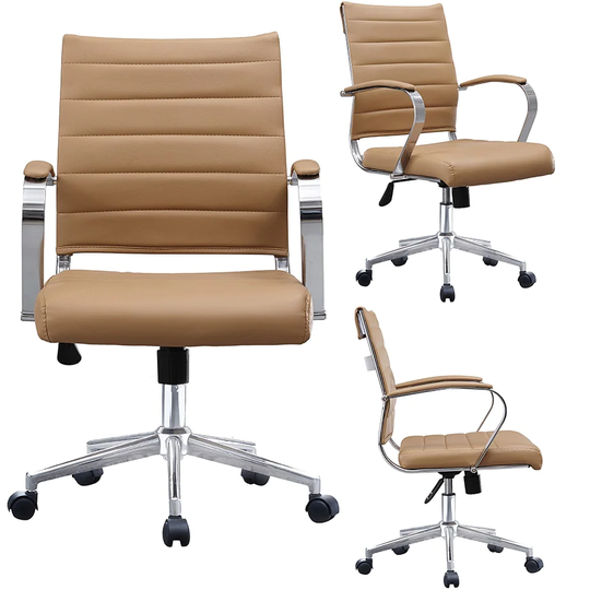 Tan Office Chairs Mid Back Ribbed PU Leather Conference Room Home Office Boss Chrome With Arms Wheels Work