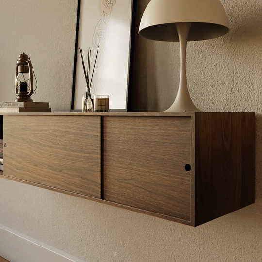 Floating Walnut Credenza Sideboard Bar Cart With Sliding Doors
