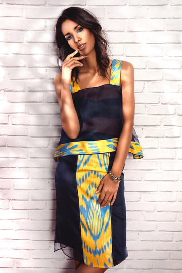 Black Silk Organza & Yellow Ikat Pencil Skirt - Straight Cut Midi Elegant Evening Knee Length Colorblock