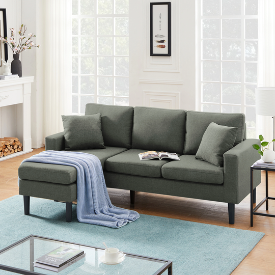 72" Reversible Sectional Sofa with Ottoman, L-Shaped Solid Wood Frame Living Room Sofa with 2 Pillows for Small Space, Dark Grey