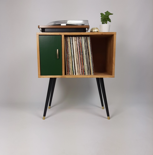 Oak Sideboard With Forest Green Door | Vinyl Record Storage Console Table Cabinet Mid Century Modern Legs Dansette