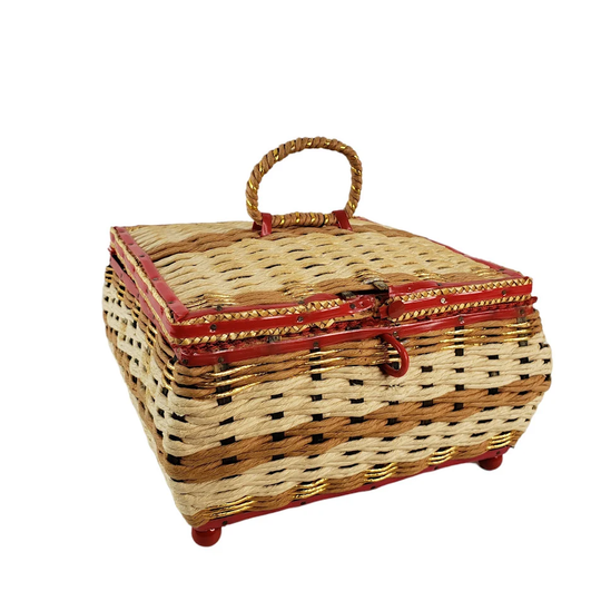 Vintage Wicker Musical Sewing Basket & Notions Needles Pin Cushions See Video