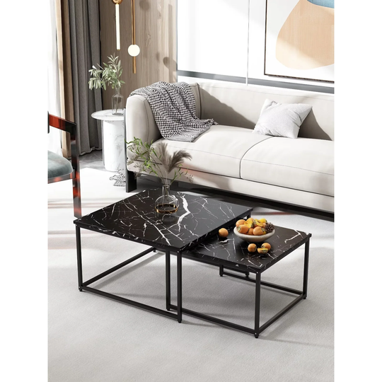 Modern Light Luxury Square Nesting Coffee Tables Set,2pc Coffee Table, with Faux Marble Top and Metal Frame, Easy to Clean