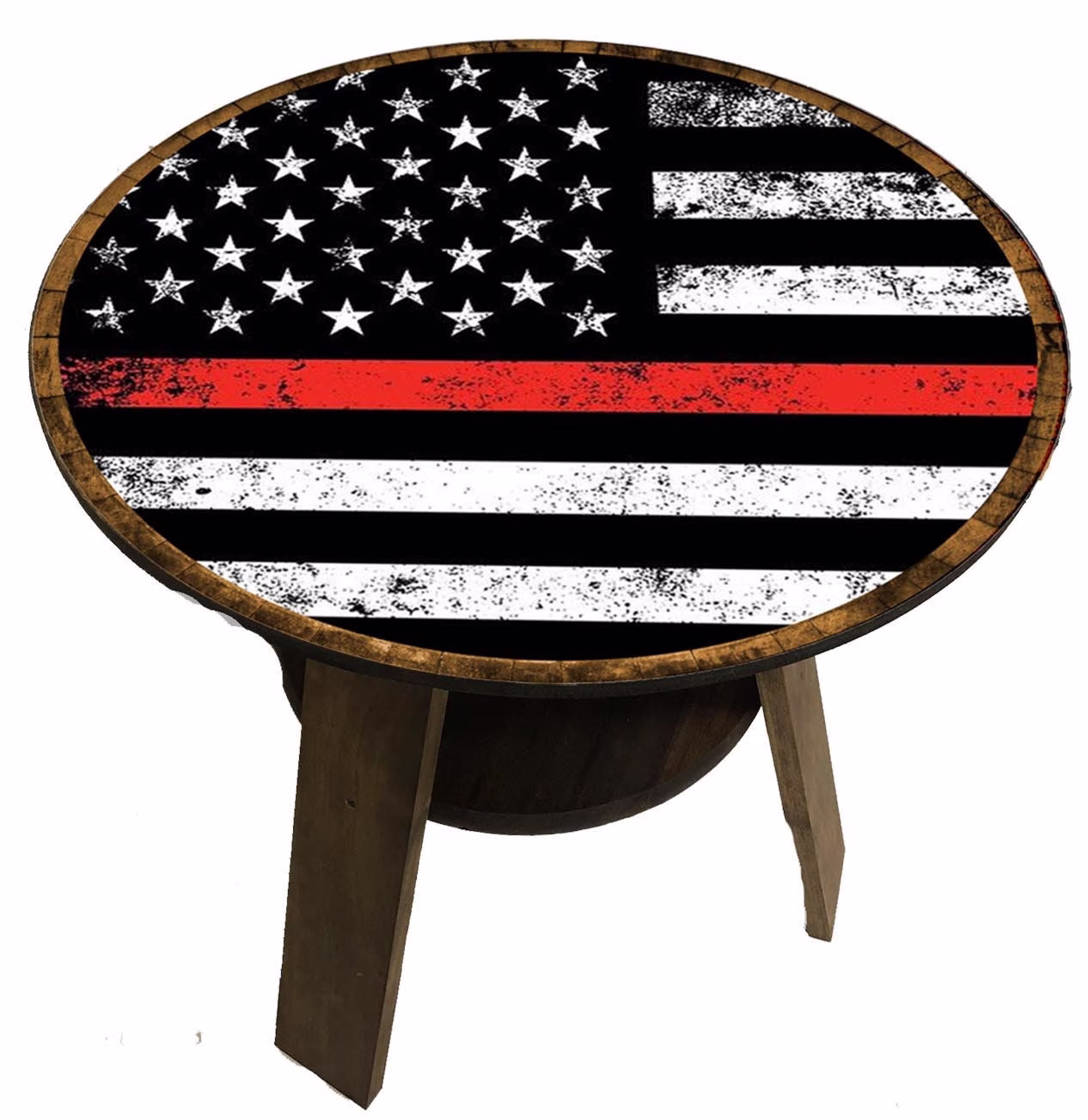 Firefighter Flag Round Wood Coffee Table | Decor First Responder Thin Red Line Gift For Him
