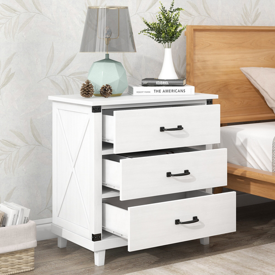 Modern Pine Wood 3-drawer Storage Nightstand with Pull Handle and Side X-Pattern Decor for Bedroom, 27.4''L*15.7''W*27.9''H