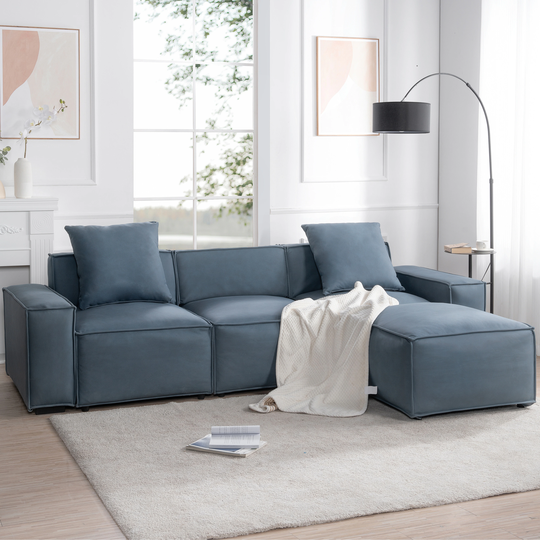 2 Pieces L Shaped Sectional Sofa Modern Polyester Upholstered Sofa Chaise with Removable Ottomans and 2 Comfortable Pillows