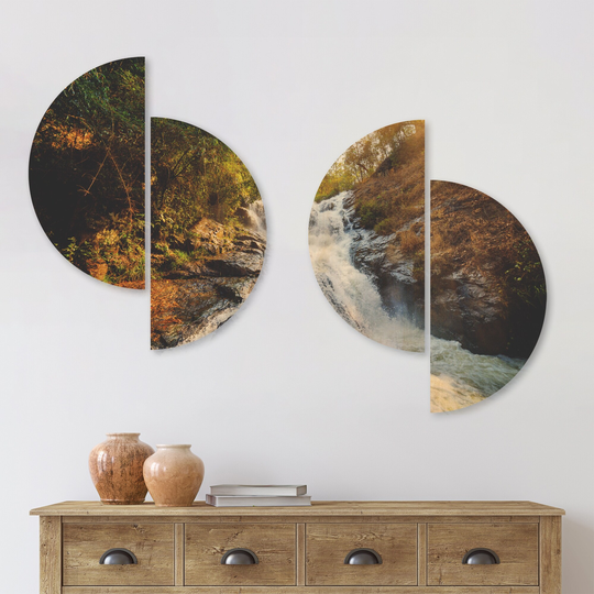 Designart 'Waterfall through the Forest' Landscape Wood Wall Art Set of 4 Half Circles - Multi-Color