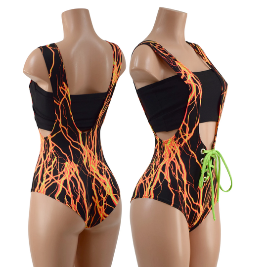 Neon Orange Lightning Suspender Romper With Front Laceup in Lime Green Holographic. Tube Top Smooth Black Spandex 157901