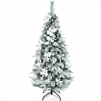 60'' H Slender White, Green Fir Flocked/Frosted Christmas Tree and Flowers