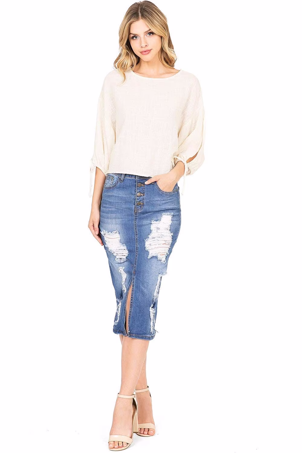 Women's Juniors Machine Jeans High Rise Midi Denim Distressed Pencil Skirt