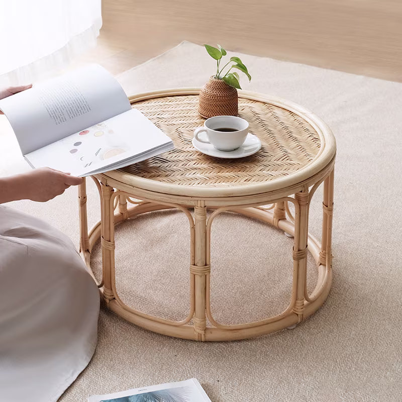 Handmade Round Rattan Coffee Table | 18", 22" Bamboo Side Movable Home Deocr