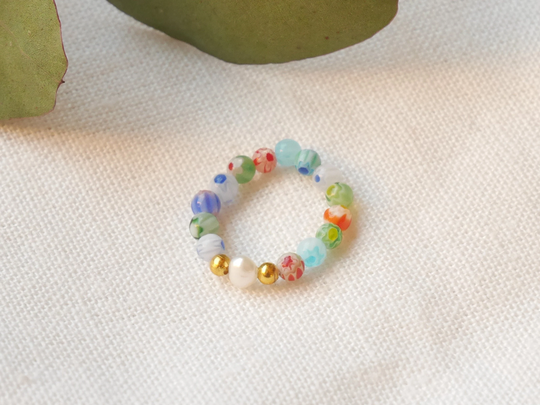 Millefiori Pearl Ring | Colorful Stretch Elastic Beaded Glass Bead Freshwater & Colorful Beads With A Cord