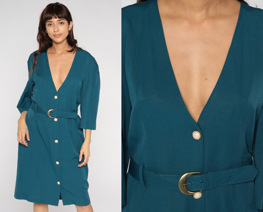 80S Pencil Dress Teal Button Up Midi Long Sleeve Deep V Neck Belted Secretary Sheath Vintage 1980S Petite Extra Large Xl 16P