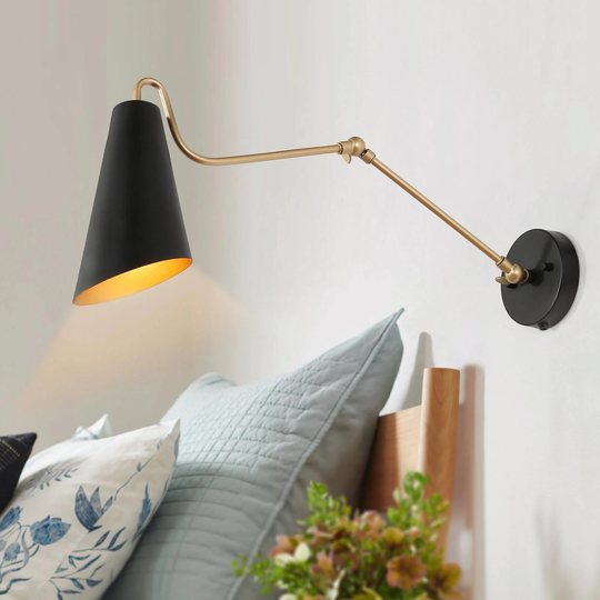 Wylan Modern 1-Light Plug-in Black Gold Swing Arm Lights Metal Wall Lamp