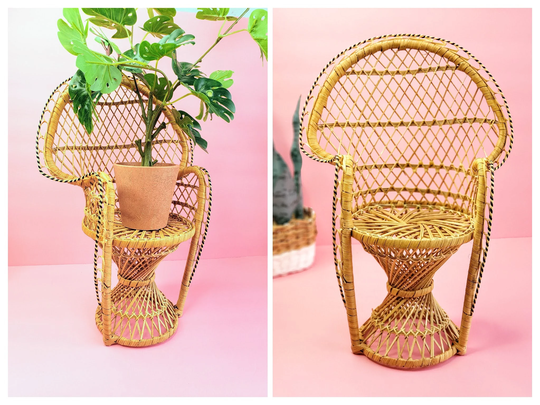 Vintage Peacock Chair Plant Stand, Doll Sized Beige Rattan Chair, Wicker Scape, Boho Decor, Display, Wicker, Great Cond