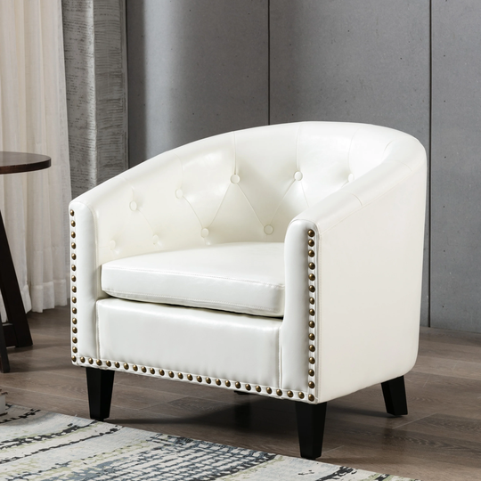 Linen Fabric Tufted Barrel Chair Tub Chair For Living Room Bedroom Club Chairs, White