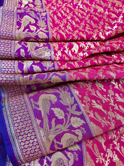 Magenta With Purple & Blue Color Combination Banarasi Silk Shikargah Saree in Zari Weave Work | Sarees Kaash Collection