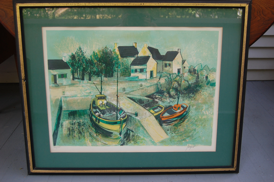 Pierre Jacquot | 1929-2009 Pencil Signed Numbered Lithograph Authenticated Fishing Village Scene Maritime Nautical Blue Green Yellow Orange