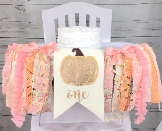 Floral Pumpkin 1st Birthday High Chair Banner, Peach Light Coral Orange, Patch, Autumn Fall Highchair Birthday, Cake Sma