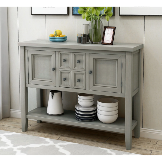 Wooden Console Table with 4 Storage Drawers and 2 Cabinets, Sofa Table with Bottom Shelf and Solid Wood Legs, Antique Gray