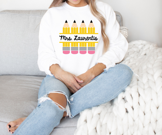 Custom Teacher Sweatshirt With Yellow Pencils - Last Name Shirt Personalized Cozy