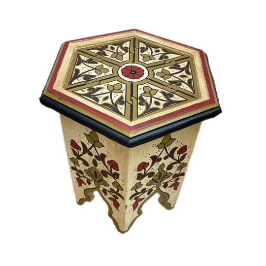 New 2022 Summer Beige Painted Table, Wood Moroccan Design Lovely Hand Hexagonal Hand-Painted Table